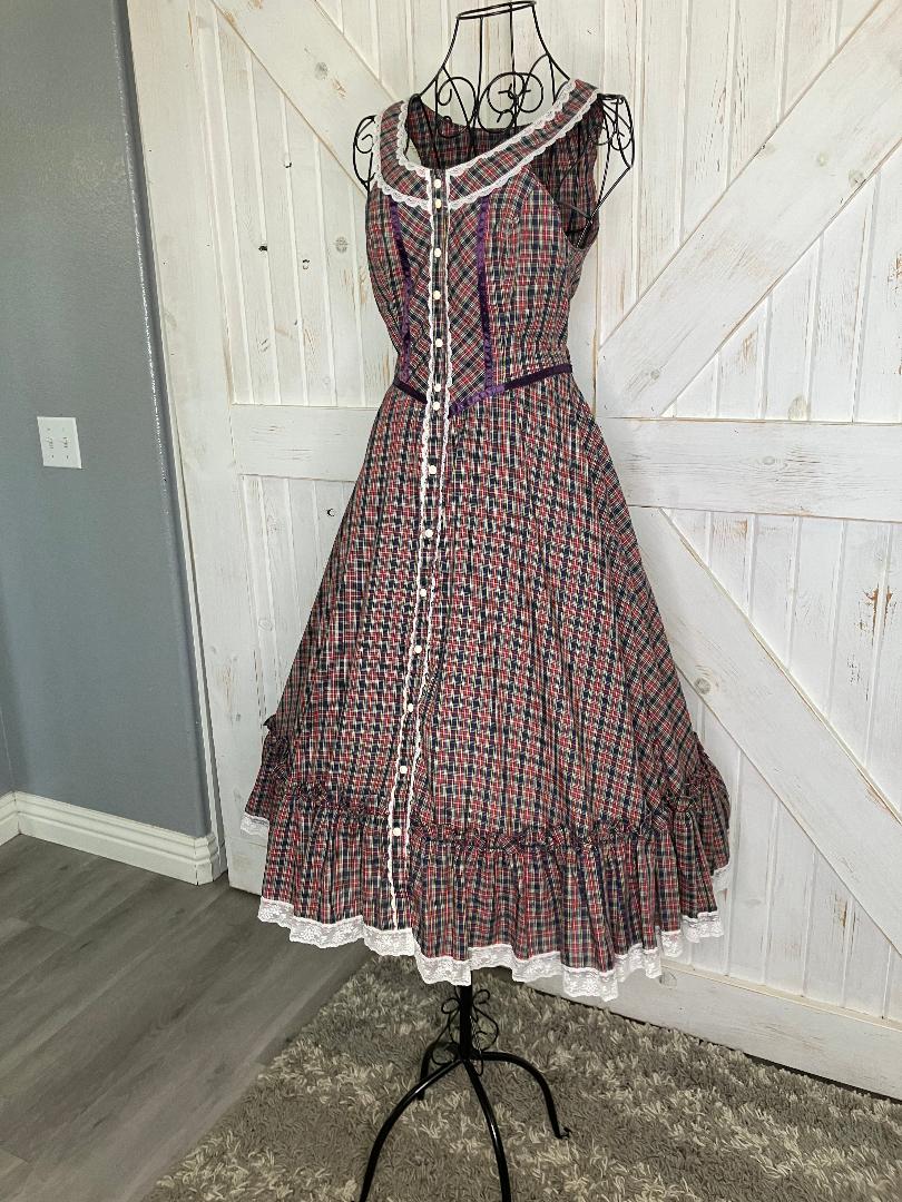 70's Vintage Gunne Sax Red Blue Green Yellow White Purple Tartan Plaid Prairie Midi Sundress Dress 9