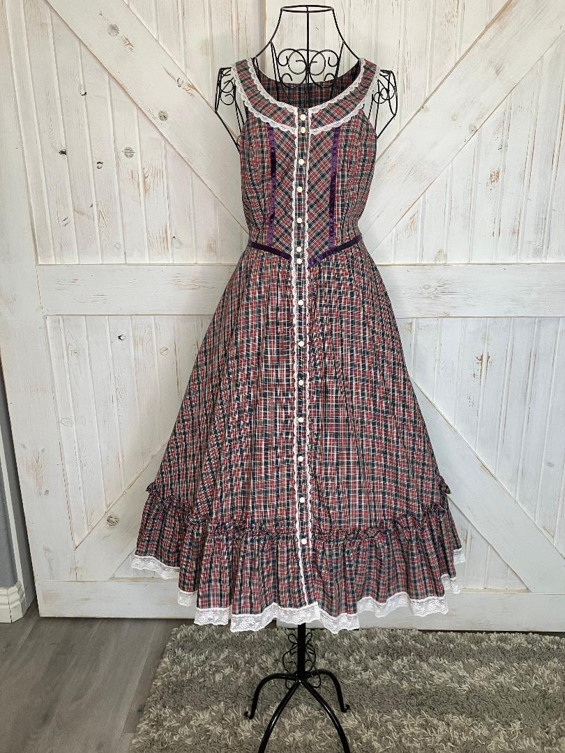 70's Vintage Gunne Sax Red Blue Green Yellow White Purple Tartan Plaid Prairie Midi Sundress Dress 9