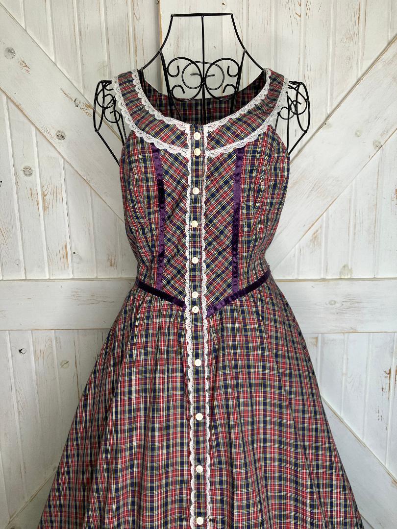 70's Vintage Gunne Sax Red Blue Green Yellow White Purple Tartan Plaid Prairie Midi Sundress Dress 9