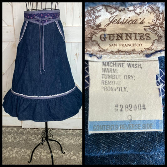 70's Vintage Gunne Sax Jessica's Gunnies Blue Jean Denim Calico Prairie Midi Cowgirl Skirt