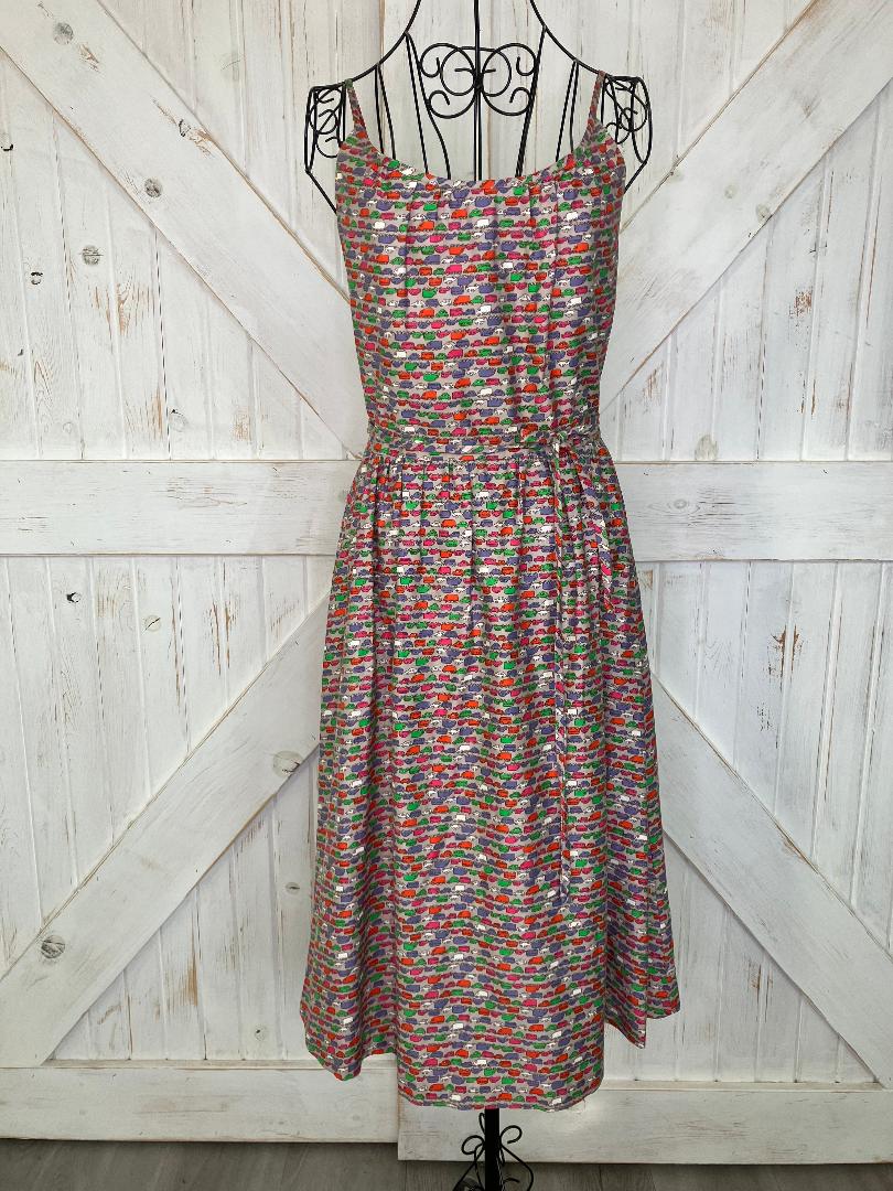 70's Vintage Malia Honolulu Hawaiian Gray Rainbow Cars Novelty Print Midi Sundress Dress