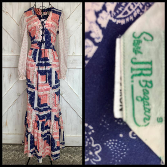 70's Vintage Sears Jr Bazaar Red White Blue Calico Patchwork Gunne Sax STYLE Corset Prairie Maxi Dress