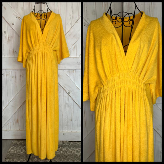 70's Vintage Sunshine Yellow Terry Cloth Mumu Muumuu Kaftan Caftan Swim Cover Robe Maxi Dress