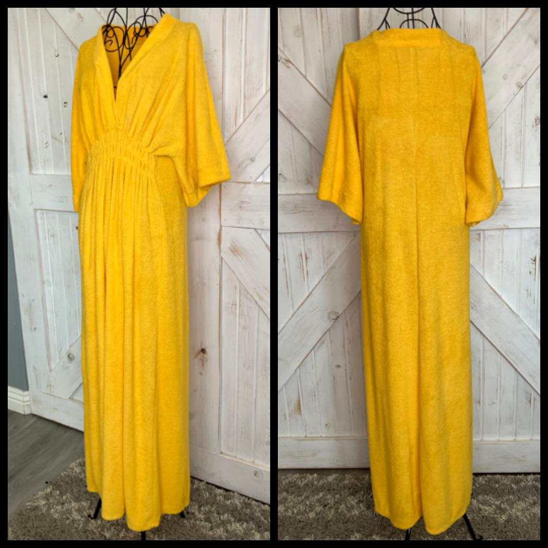 70's Vintage Sunshine Yellow Terry Cloth Mumu Muumuu Kaftan Caftan Swim Cover Robe Maxi Dress