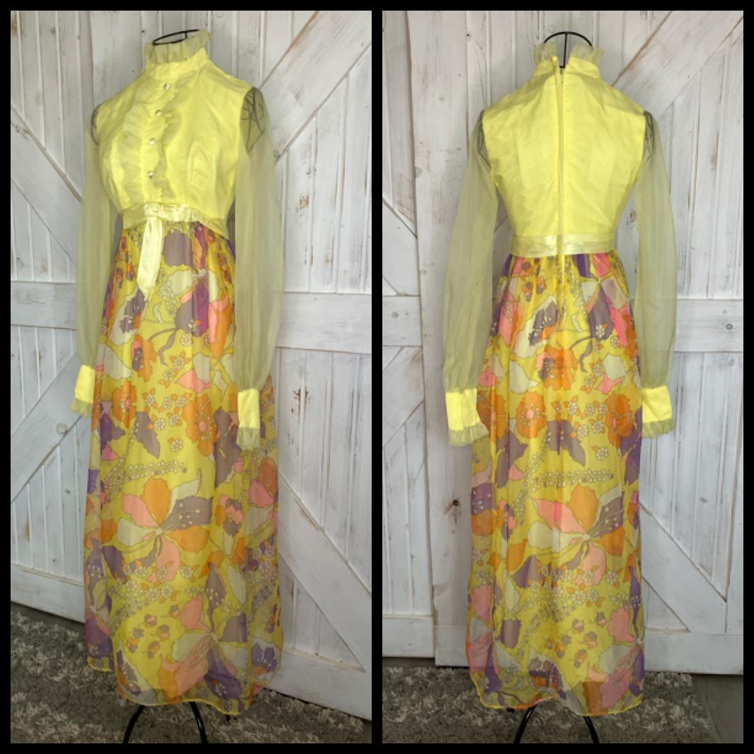 60's Vintage Handmade Yellow Orange Purple Floral Mod Hostess Cocktail Party Maxi Dress * FLAWS