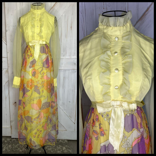 60's Vintage Handmade Yellow Orange Purple Floral Mod Hostess Cocktail Party Maxi Dress * FLAWS