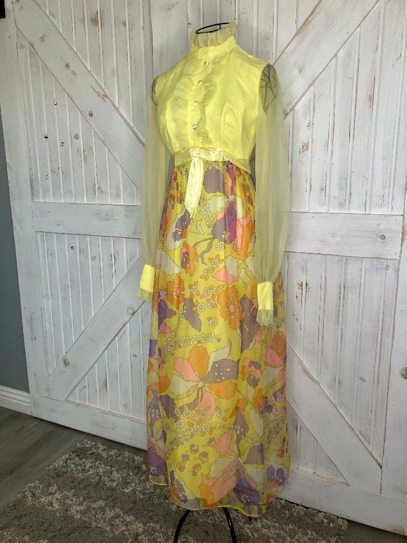 60's Vintage Handmade Yellow Orange Purple Floral Mod Hostess Cocktail Party Maxi Dress * FLAWS