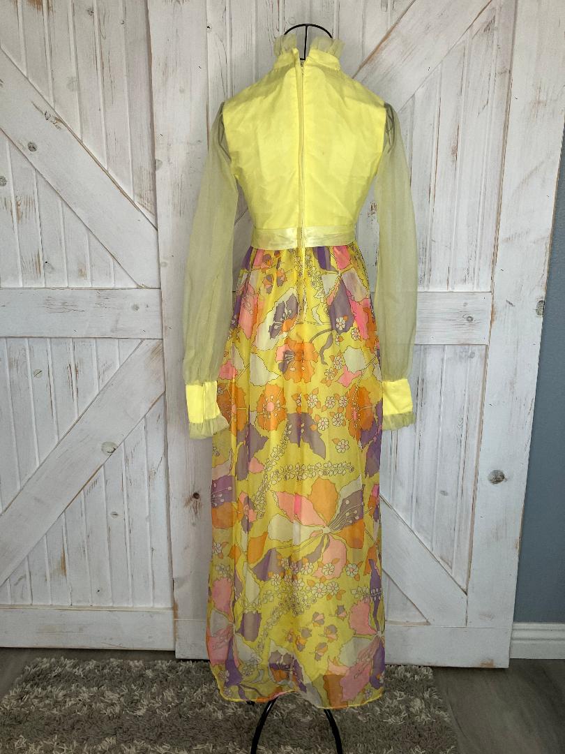 60's Vintage Handmade Yellow Orange Purple Floral Mod Hostess Cocktail Party Maxi Dress * FLAWS