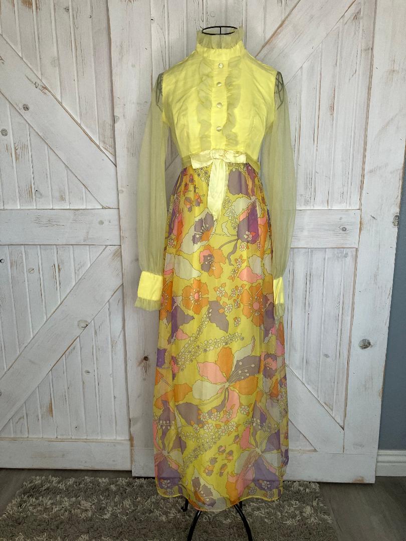 60's Vintage Handmade Yellow Orange Purple Floral Mod Hostess Cocktail Party Maxi Dress * FLAWS