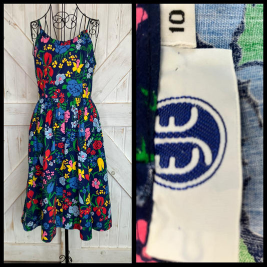 70's Vintage EJE Cotton Rainbow Blue Floral Hawaiian Sundress Day Midi Dress