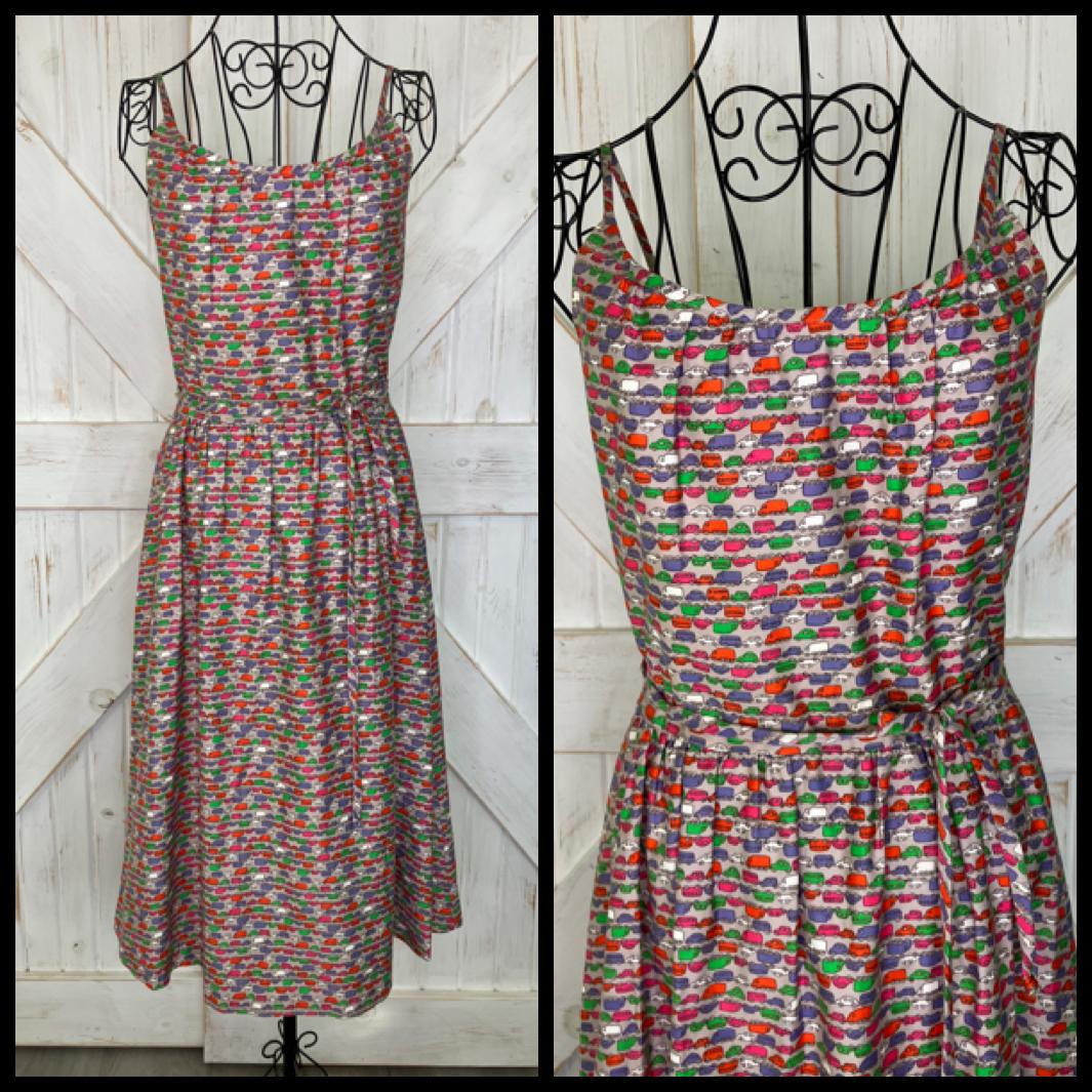 70's Vintage Malia Honolulu Hawaiian Gray Rainbow Cars Novelty Print Midi Sundress Dress