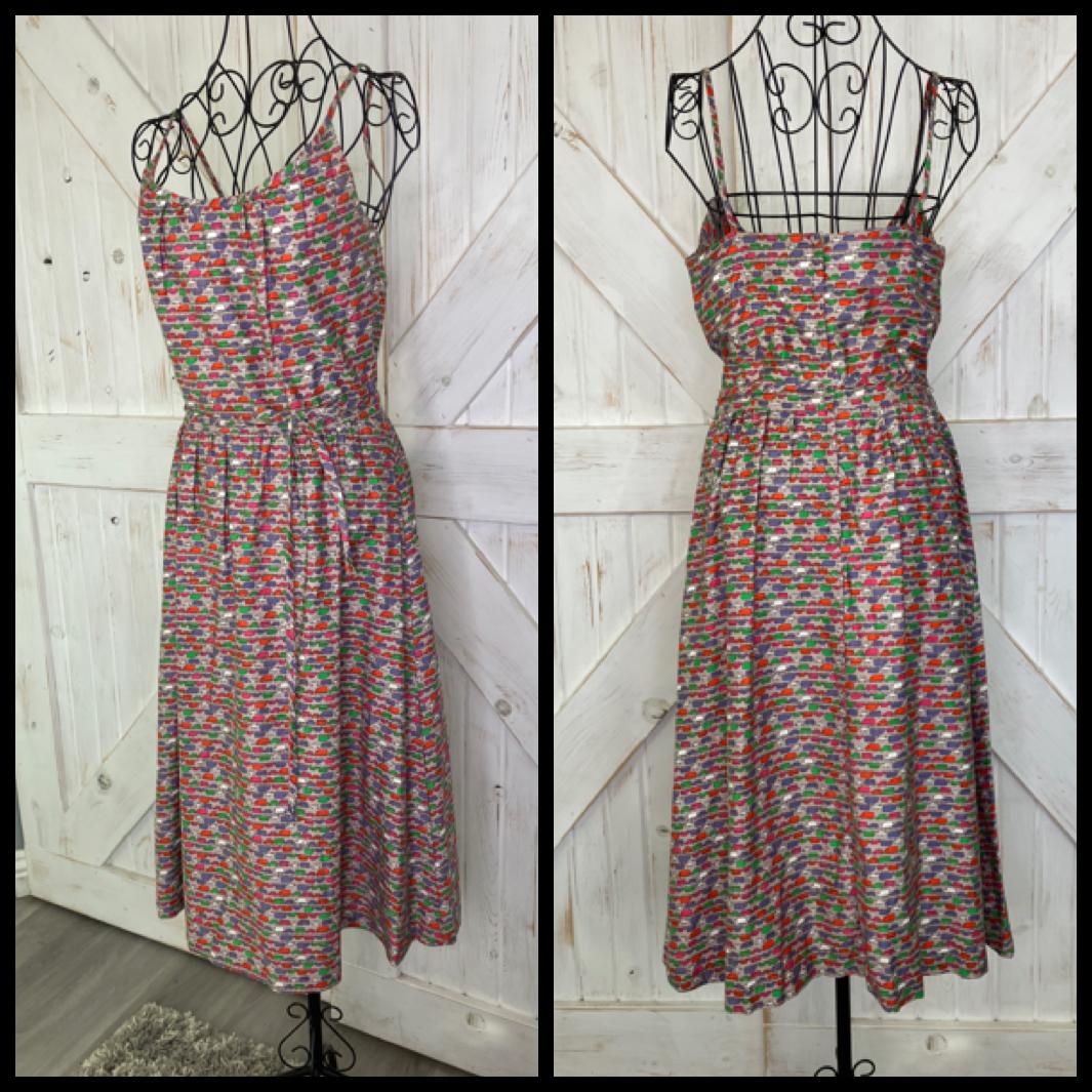 70's Vintage Malia Honolulu Hawaiian Gray Rainbow Cars Novelty Print Midi Sundress Dress