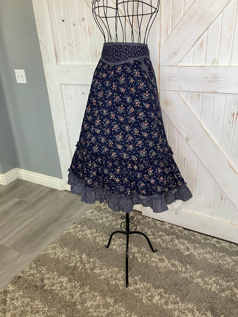 70's Vintage Gunne Sax Jessica's Gunnies Blue Purple Pink Calico White Polka Dot Prairie Midi Skirt