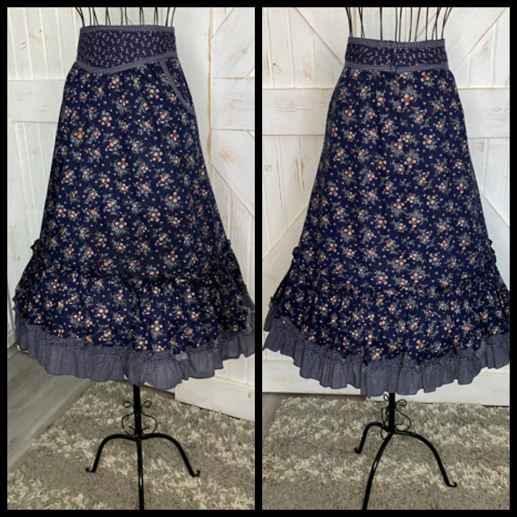 70's Vintage Gunne Sax Jessica's Gunnies Blue Purple Pink Calico White Polka Dot Prairie Midi Skirt