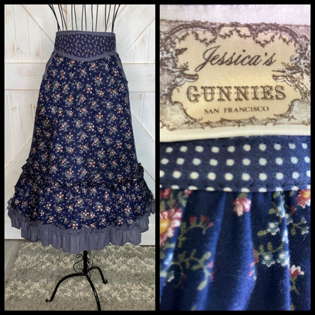 70's Vintage Gunne Sax Jessica's Gunnies Blue Purple Pink Calico White Polka Dot Prairie Midi Skirt