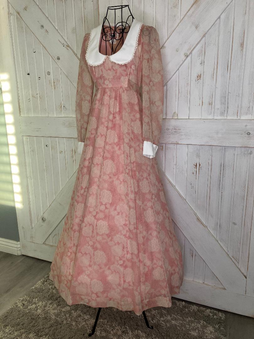 70's Vintage Phase II California Pink White Peter Pan Collar Prairie Maxi Dress