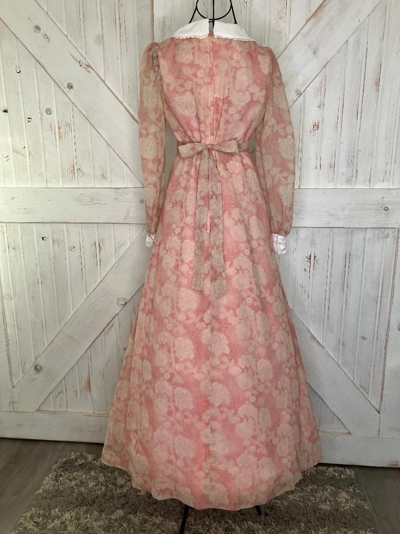 70's Vintage Phase II California Pink White Peter Pan Collar Prairie Maxi Dress