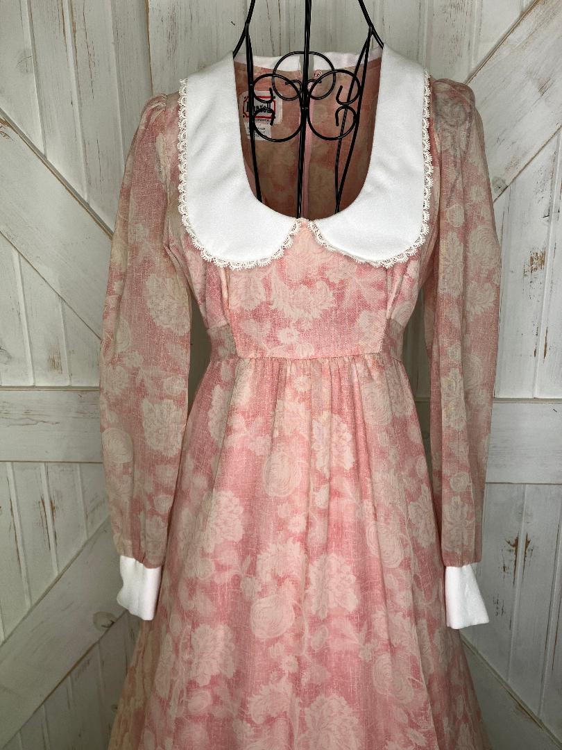 70's Vintage Phase II California Pink White Peter Pan Collar Prairie Maxi Dress
