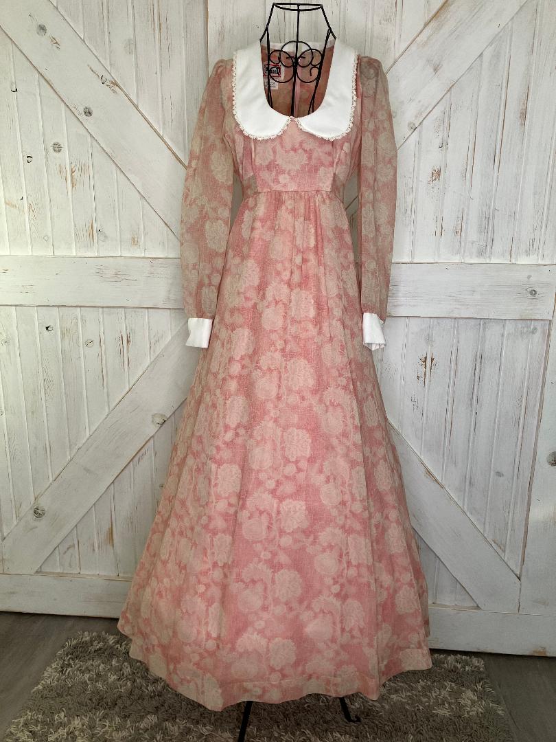 70's Vintage Phase II California Pink White Peter Pan Collar Prairie Maxi Dress