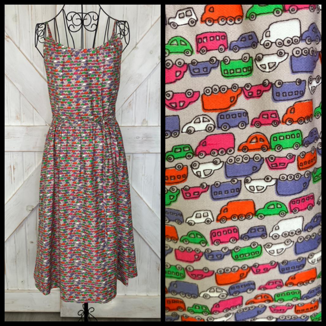 70's Vintage Malia Honolulu Hawaiian Gray Rainbow Cars Novelty Print Midi Sundress Dress