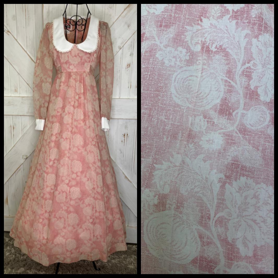 70's Vintage Phase II California Pink White Peter Pan Collar Prairie Maxi Dress