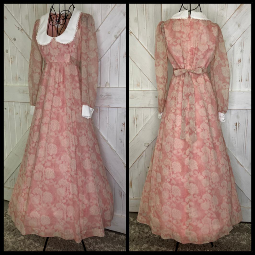 70's Vintage Phase II California Pink White Peter Pan Collar Prairie Maxi Dress
