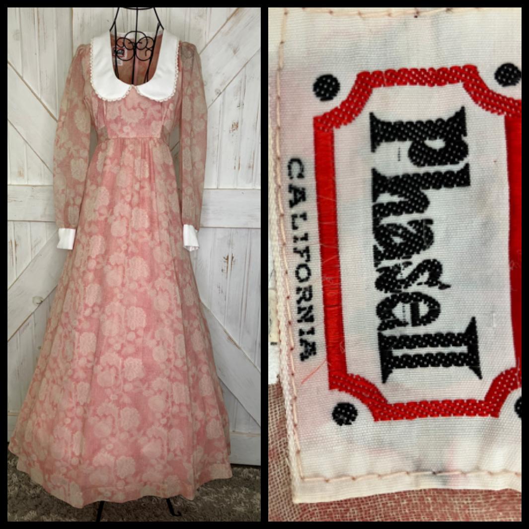 70's Vintage Phase II California Pink White Peter Pan Collar Prairie Maxi Dress