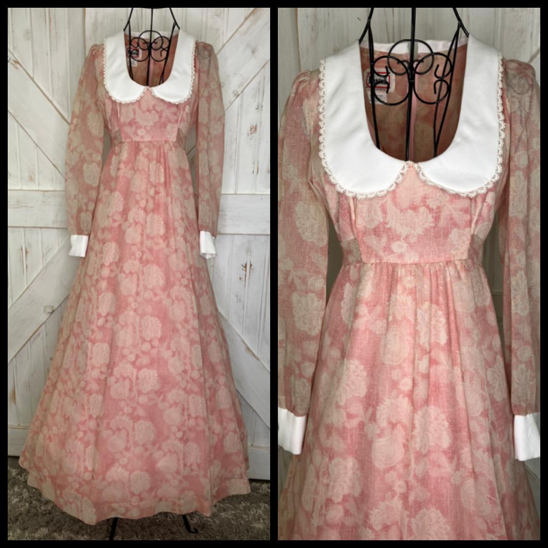 70's Vintage Phase II California Pink White Peter Pan Collar Prairie Maxi Dress