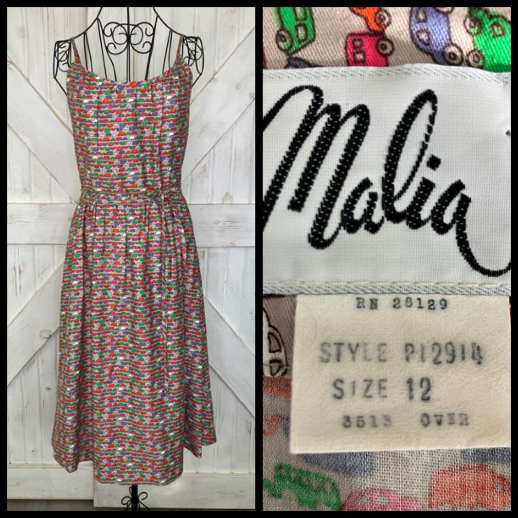 70's Vintage Malia Honolulu Hawaiian Gray Rainbow Cars Novelty Print Midi Sundress Dress