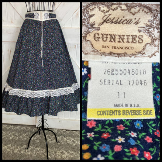 70's Vintage Gunne Sax Jessica's Gunnies Blue Rainbow Calico Prairie Corset Midi Skirt 11