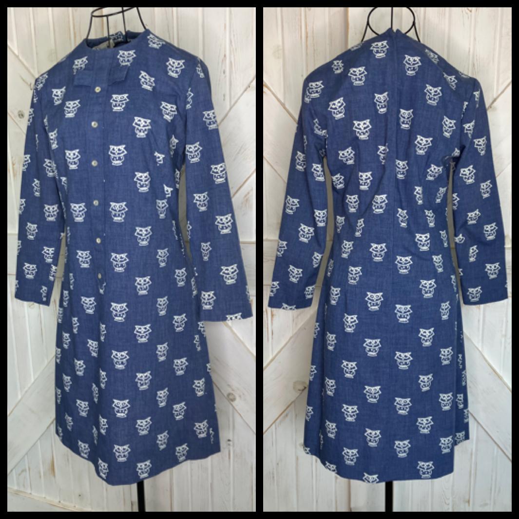 70's Vintage The Vested Gentress Blue White Owl Mod Shift Mini Dress