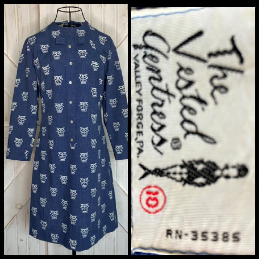 70's Vintage The Vested Gentress Blue White Owl Mod Shift Mini Dress