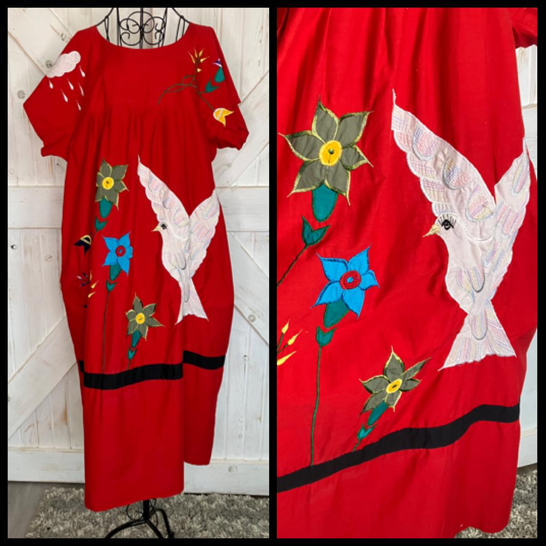 80's Vintage Red Patchwork Embroidered White Dove Green Blue Flower Cloud Mumu Muumuu Caftan Kaftan Housecoat Maxi Dress