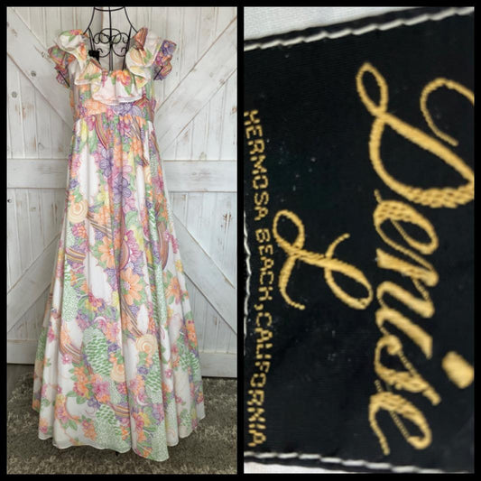 70's Vintage Denise L California are Here There White Pink Purple Rainbow Prairie Maxi Sundress Dress