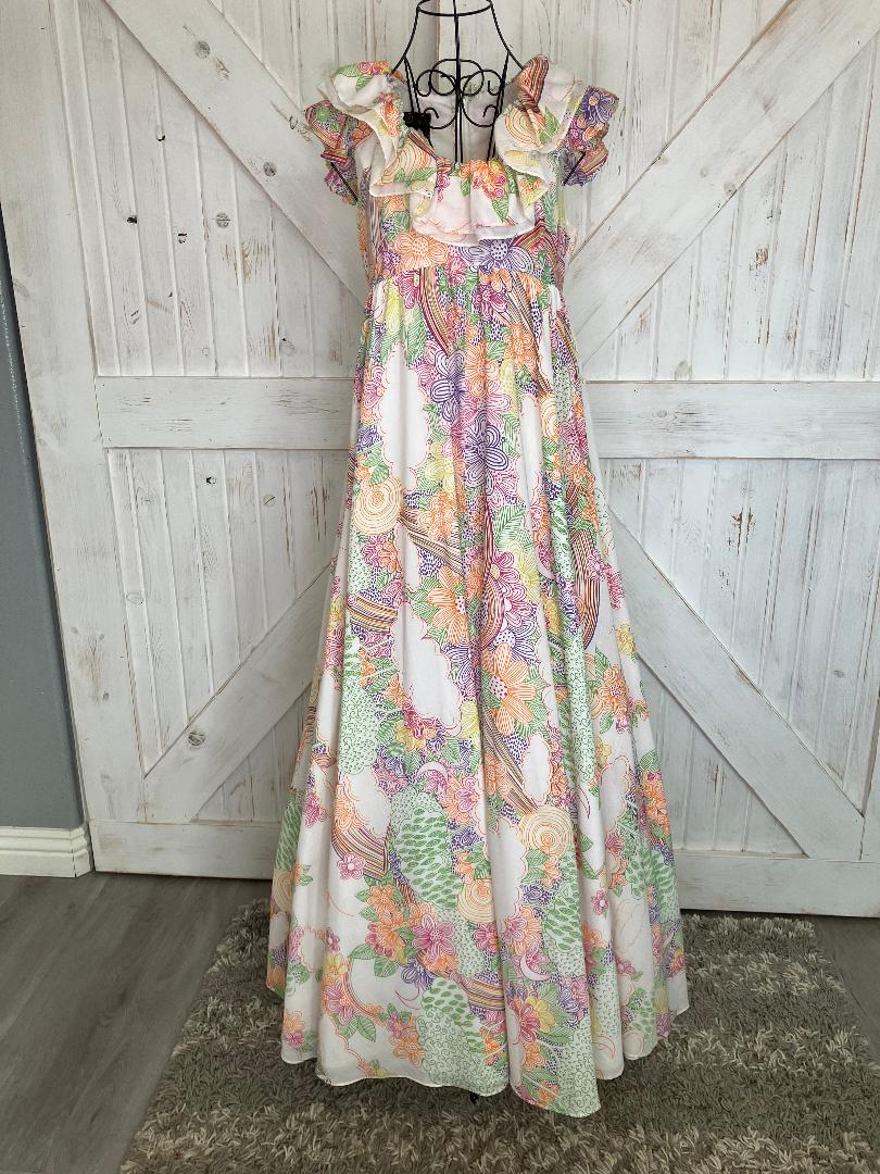 70's Vintage Denise L California are Here There White Pink Purple Rainbow Prairie Maxi Sundress Dress