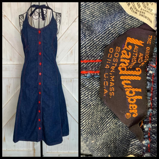 70's Vintage Landlubber Blue Jean Denim Red Button Halter Sundress Cowgirl Midi Dress