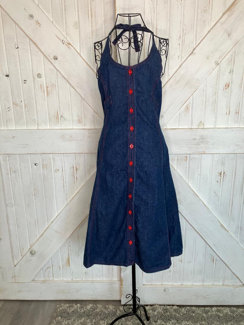 70's Vintage Landlubber Blue Jean Denim Red Button Halter Sundress Cowgirl Midi Dress