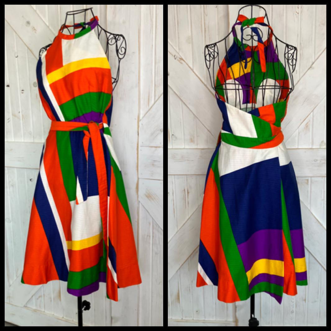 70's Vintage Malia Honolulu Hawaiian Red Orange Blue Purple Yellow Rainbow Atomic Wrap Halter Sundress Mini Dress