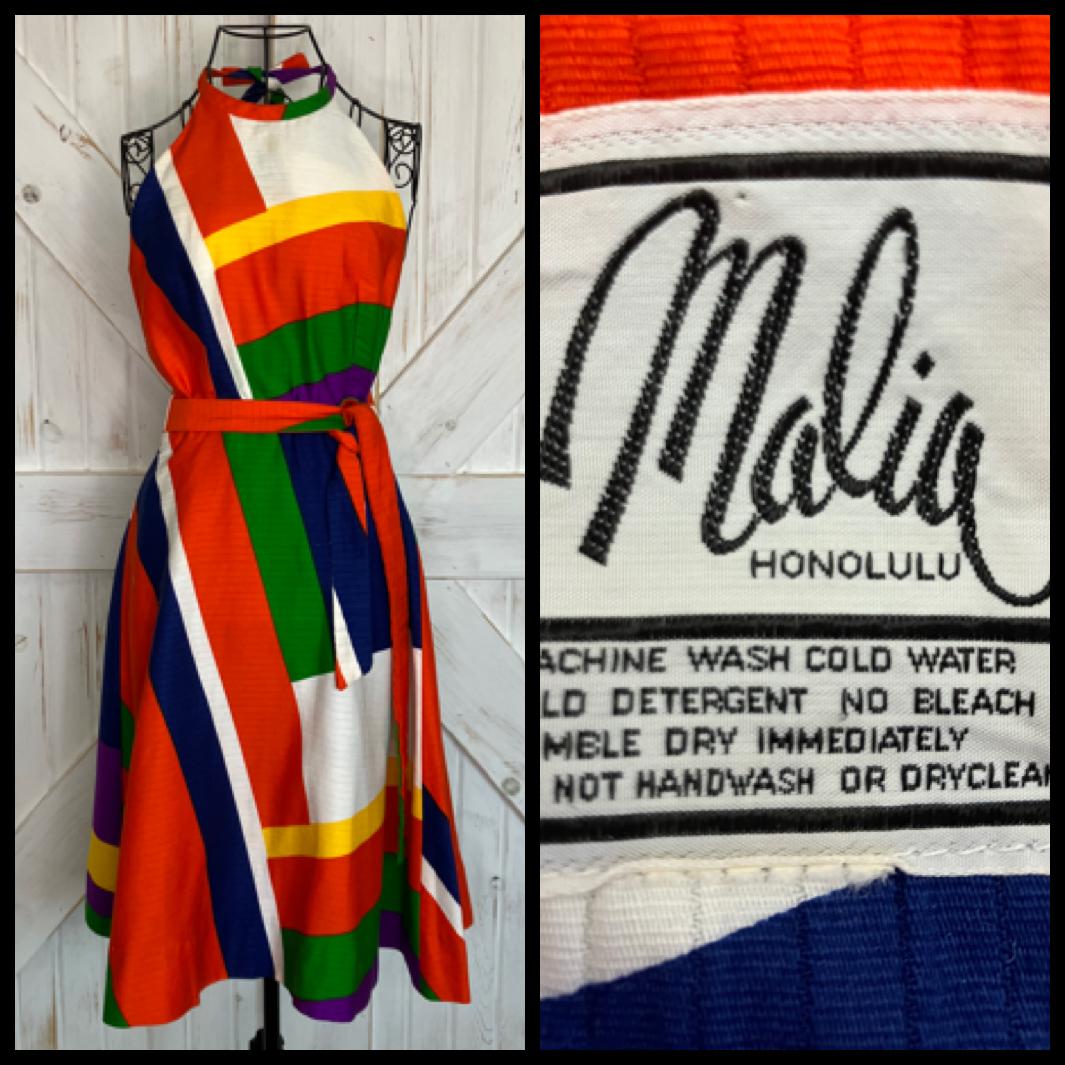 70's Vintage Malia Honolulu Hawaiian Red Orange Blue Purple Yellow Rainbow Atomic Wrap Halter Sundress Mini Dress