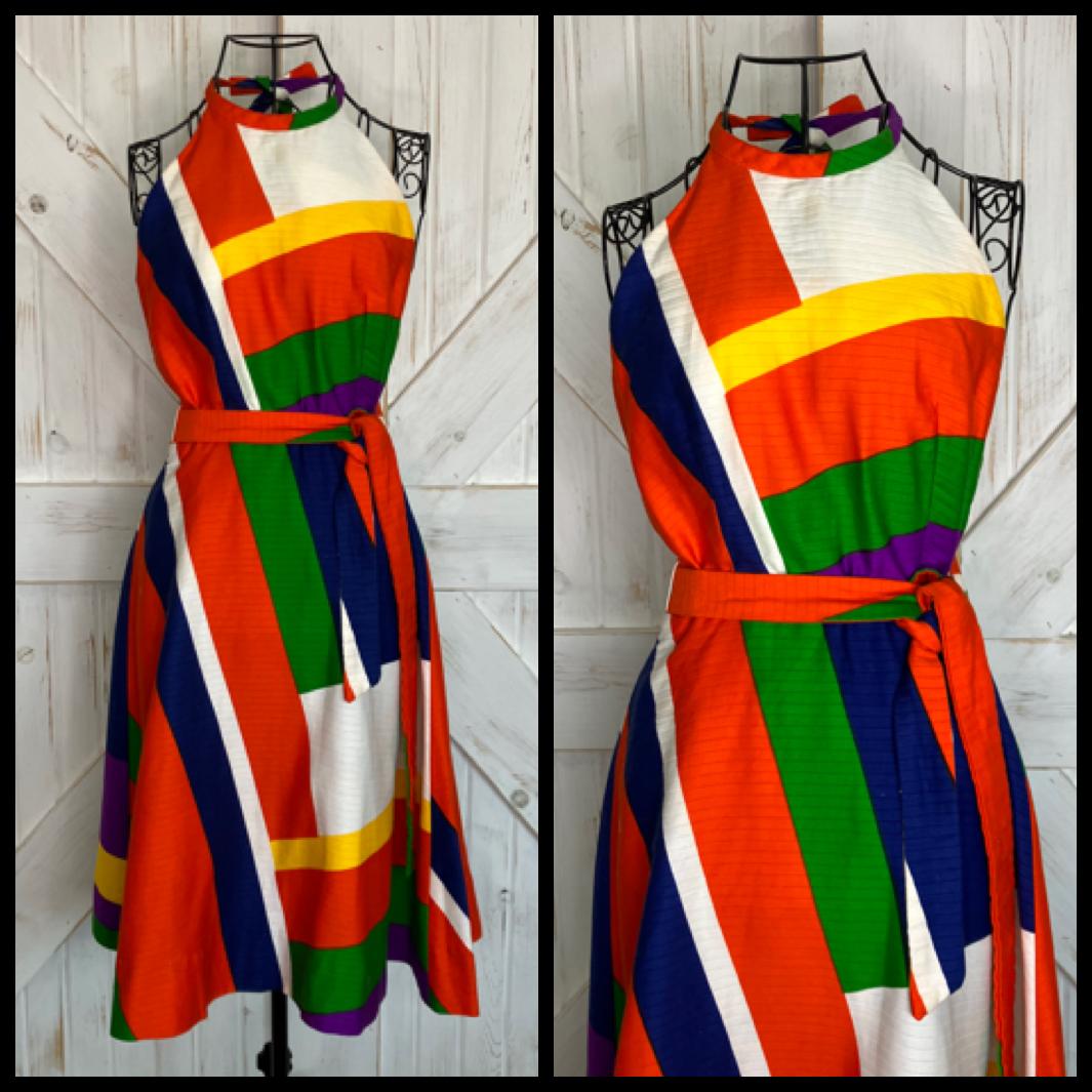 70's Vintage Malia Honolulu Hawaiian Red Orange Blue Purple Yellow Rainbow Atomic Wrap Halter Sundress Mini Dress