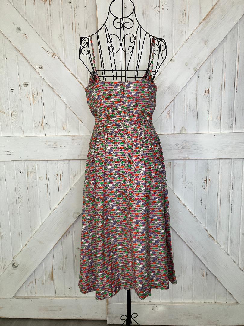 70's Vintage Malia Honolulu Hawaiian Gray Rainbow Cars Novelty Print Midi Sundress Dress