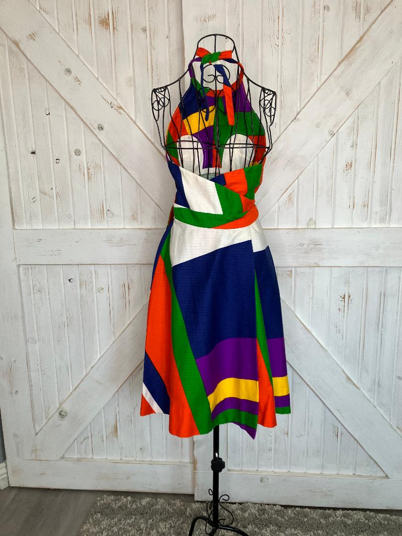 70's Vintage Malia Honolulu Hawaiian Red Orange Blue Purple Yellow Rainbow Atomic Wrap Halter Sundress Mini Dress