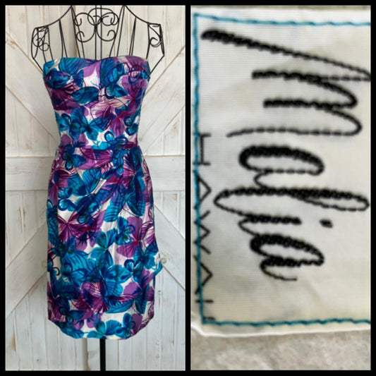 60's Vintage Malia Honolulu Hawaii Pin Up Strapless Rockabilly Bombshell Blue Purple Butterfly Hawaiian Sundress Mini Dress