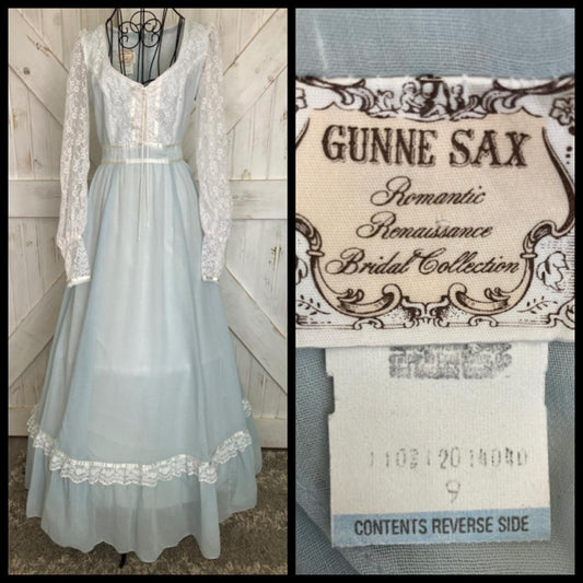 70's Vintage Gunne Sax Romantic Renaissance Bridal Blue White Lace Corset Prairie Maxi Dress 9