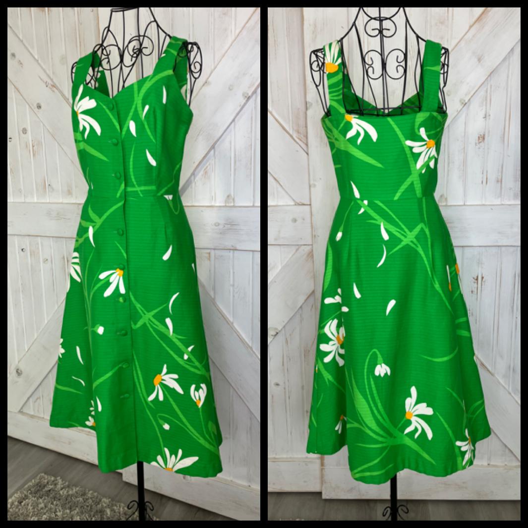 70's Vintage Malia Honolulu Green White Yellow Lily Hawaiian Sundress Midi Dress