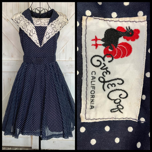 60's Vintage Eve Le Coq Nober California Blue White Polka Dot Dapper Swing Pin Up Dress