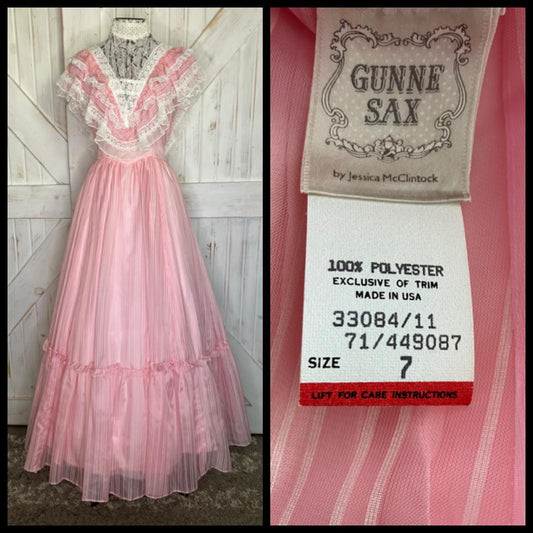 80's Vintage Gunne Sax Pink White Lace Stripe Ballgown Gown Antebellum Debutante Southern Belle Maxi Dress 7