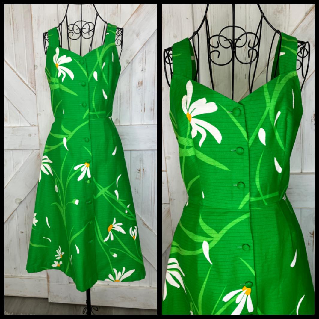 70's Vintage Malia Honolulu Green White Yellow Lily Hawaiian Sundress Midi Dress