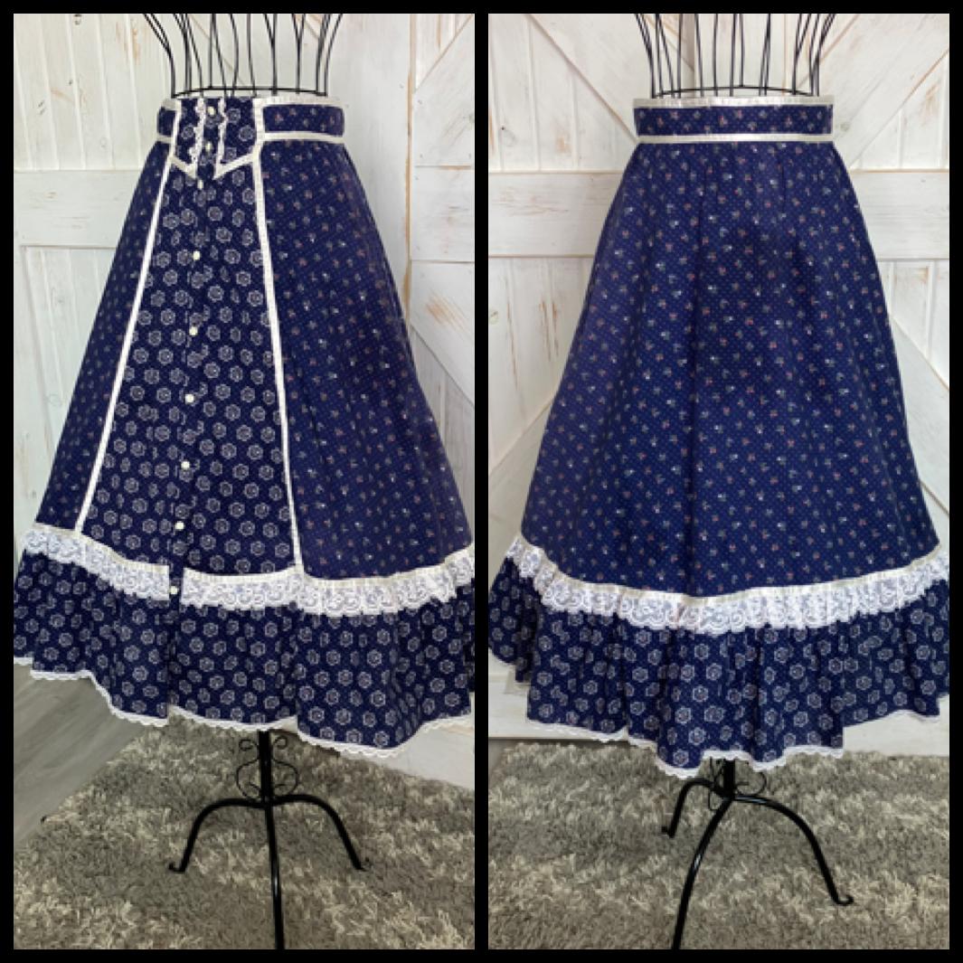 70's Vintage Gunne Sax Jessica's Gunnies Blue White Polka Dot Calico Prairie Midi Skirt 9 *WOUNDED BIRD