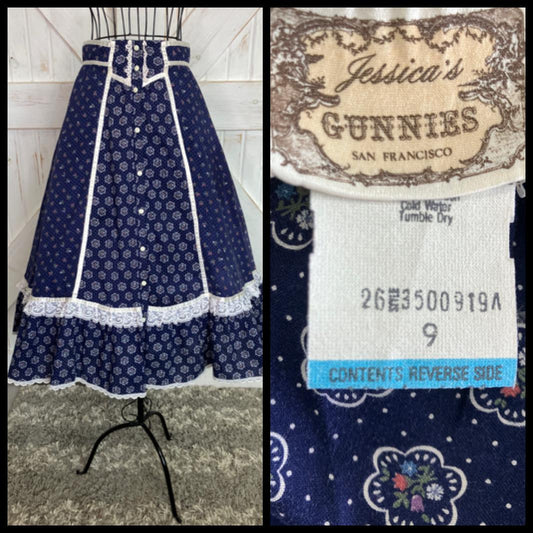 70's Vintage Gunne Sax Jessica's Gunnies Blue White Polka Dot Calico Prairie Midi Skirt 9 *WOUNDED BIRD